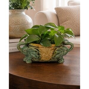 Vintage Majolica Elephant Planter Green Glazed Ceramic Cachepot Bowl
